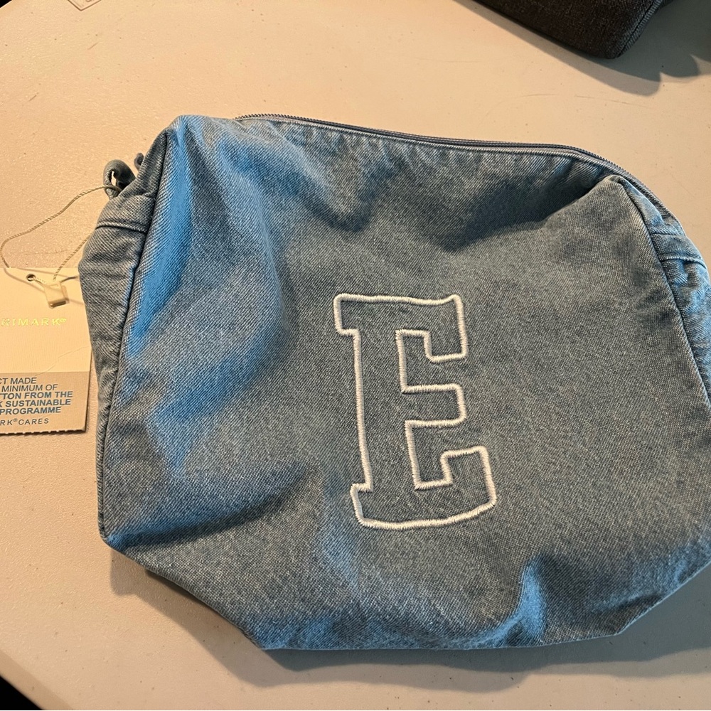 Denim Cosmetic Bag with Embroidered Initial